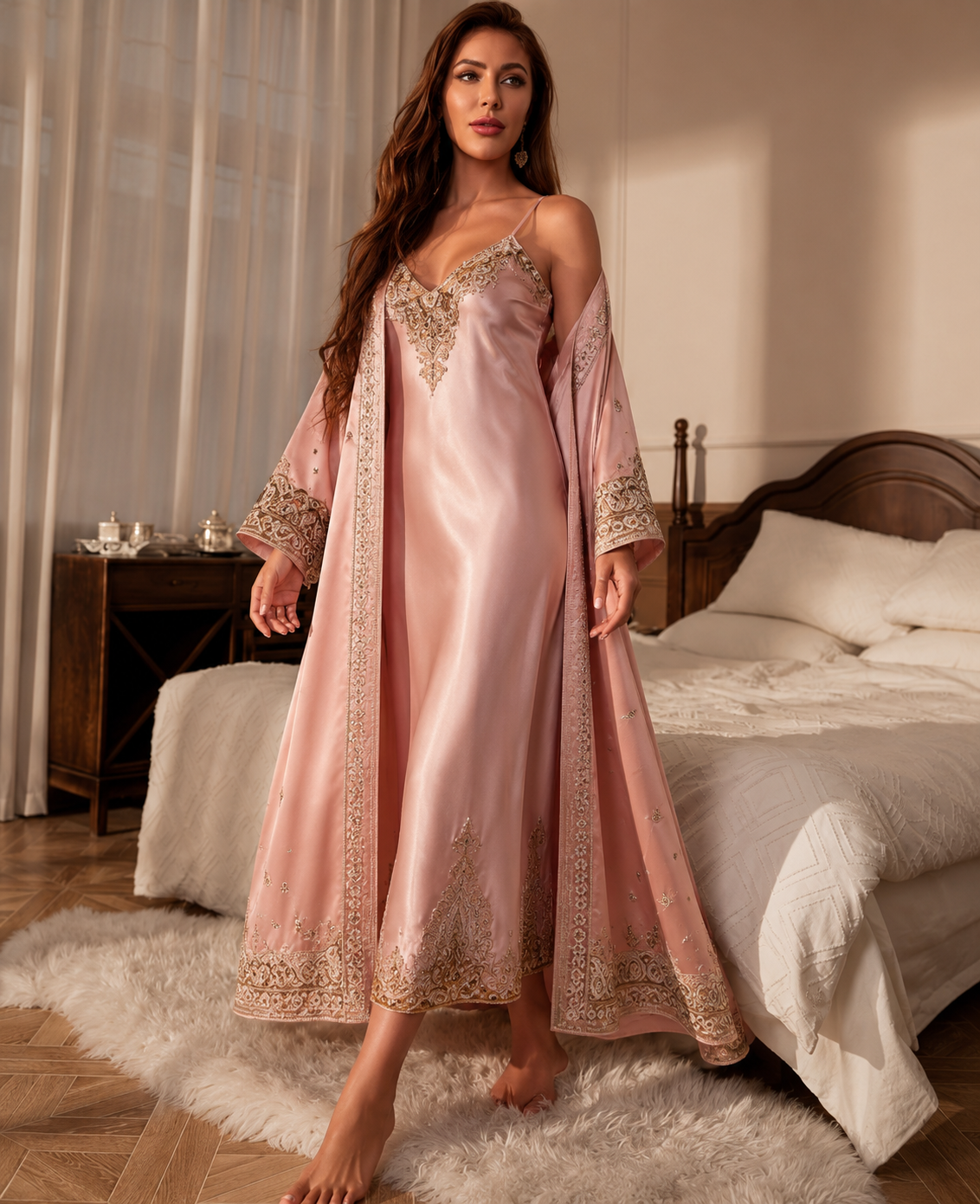 NOOR — Embroidered Slip Dress & Kimono