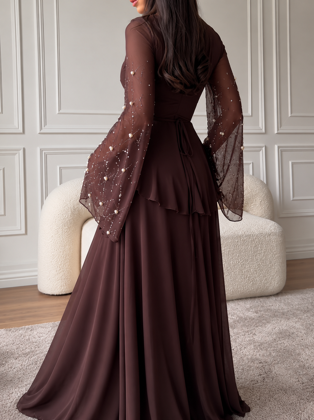 NOOR CHOCOLATE - Robe Longue Chic Marron Perles
