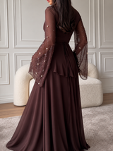 NOOR CHOCOLATE - Robe Longue Chic Marron Perles