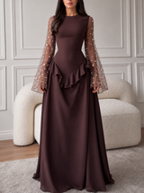 NOOR CHOCOLATE - Robe Longue Chic Marron Perles