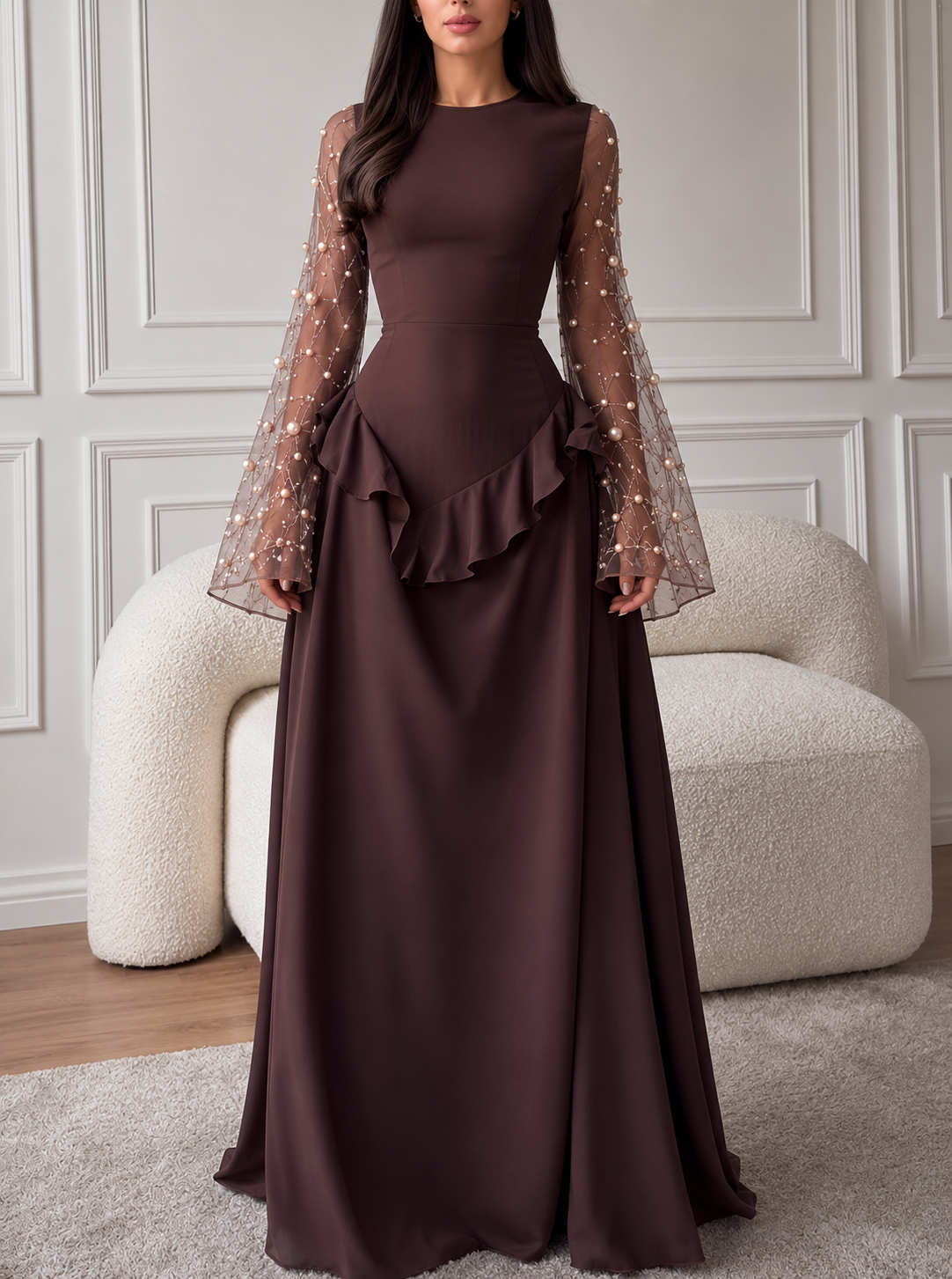 NOOR CHOCOLATE - Robe Longue Chic Marron Perles