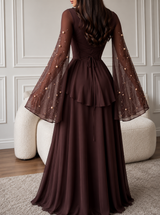 NOOR CHOCOLATE - Robe Longue Chic Marron Perles