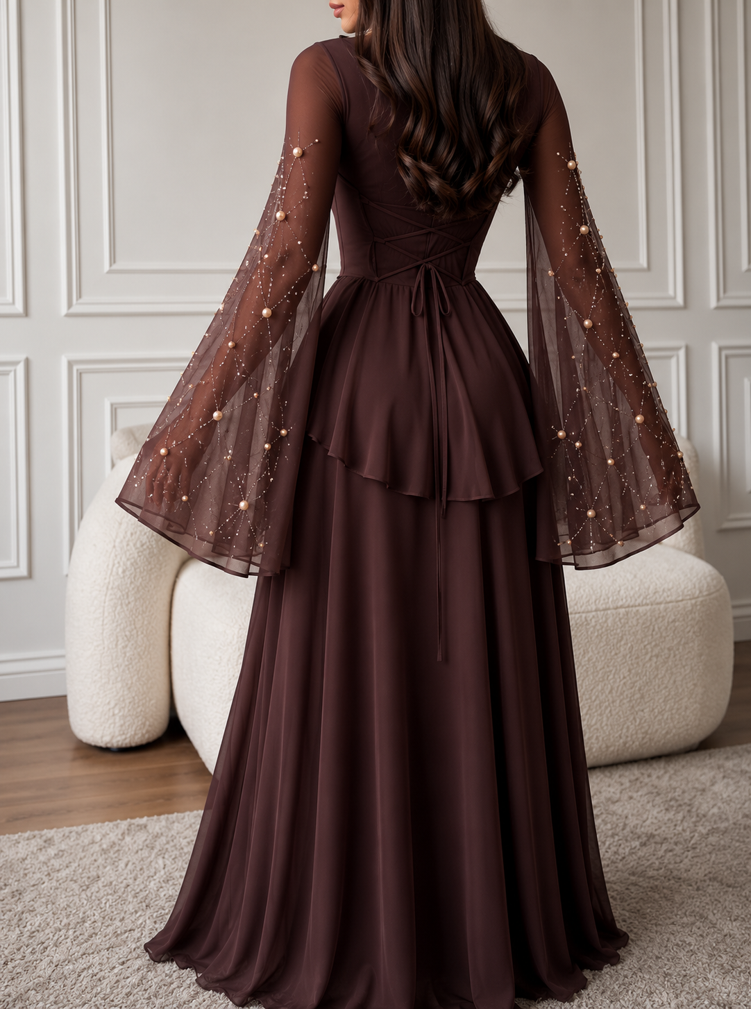NOOR CHOCOLATE - Robe Longue Chic Marron Perles